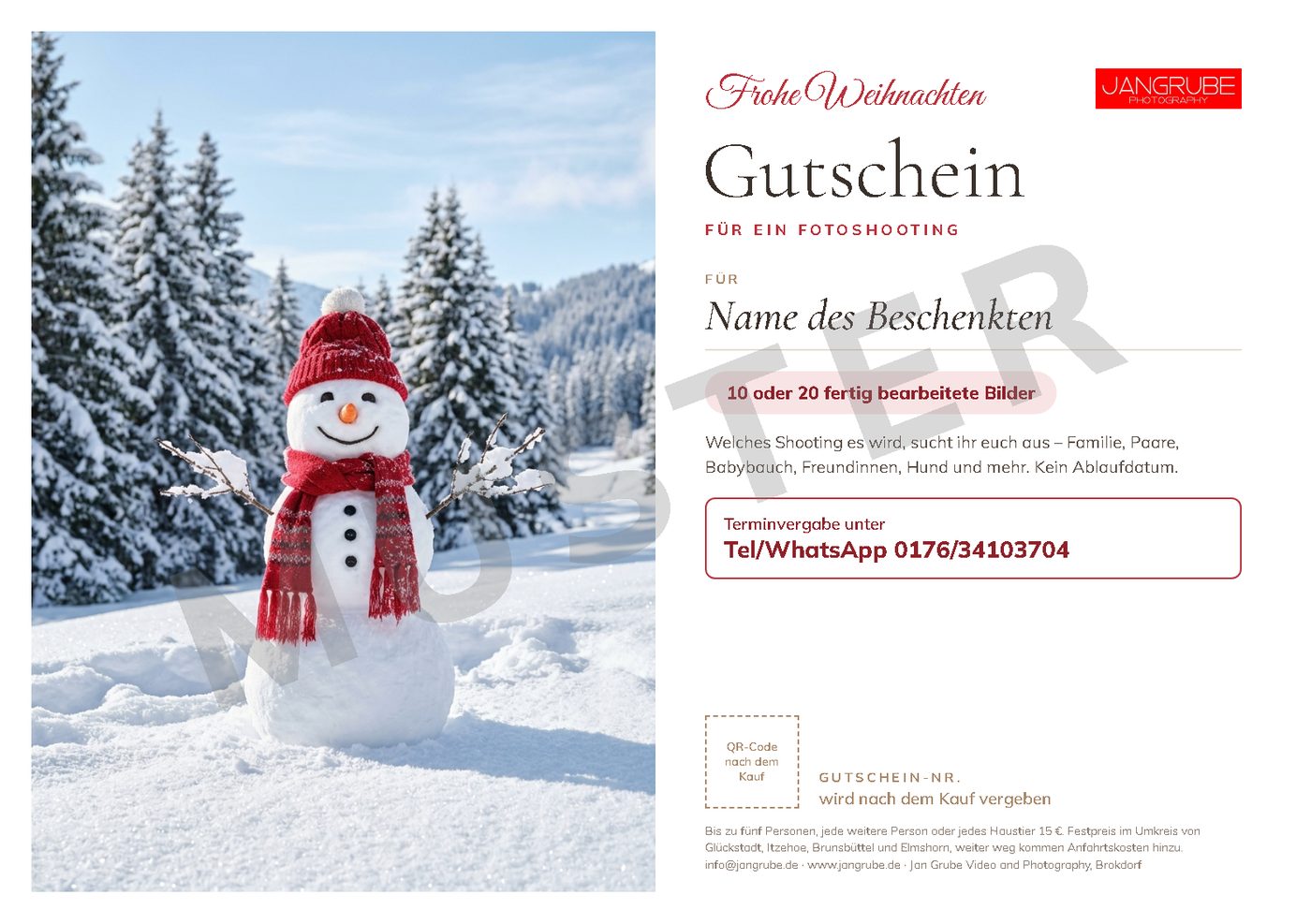 Fotoshooting-Gutschein zum Ausdrucken, Motiv 1: Schneemann (Weihnachten)