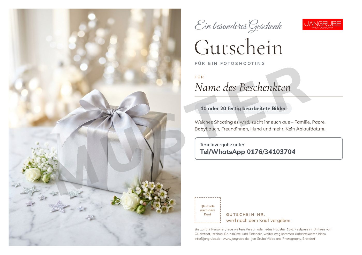 Fotoshooting-Gutschein zum Ausdrucken, Motiv 2: Silbernes Geschenk (Edel)