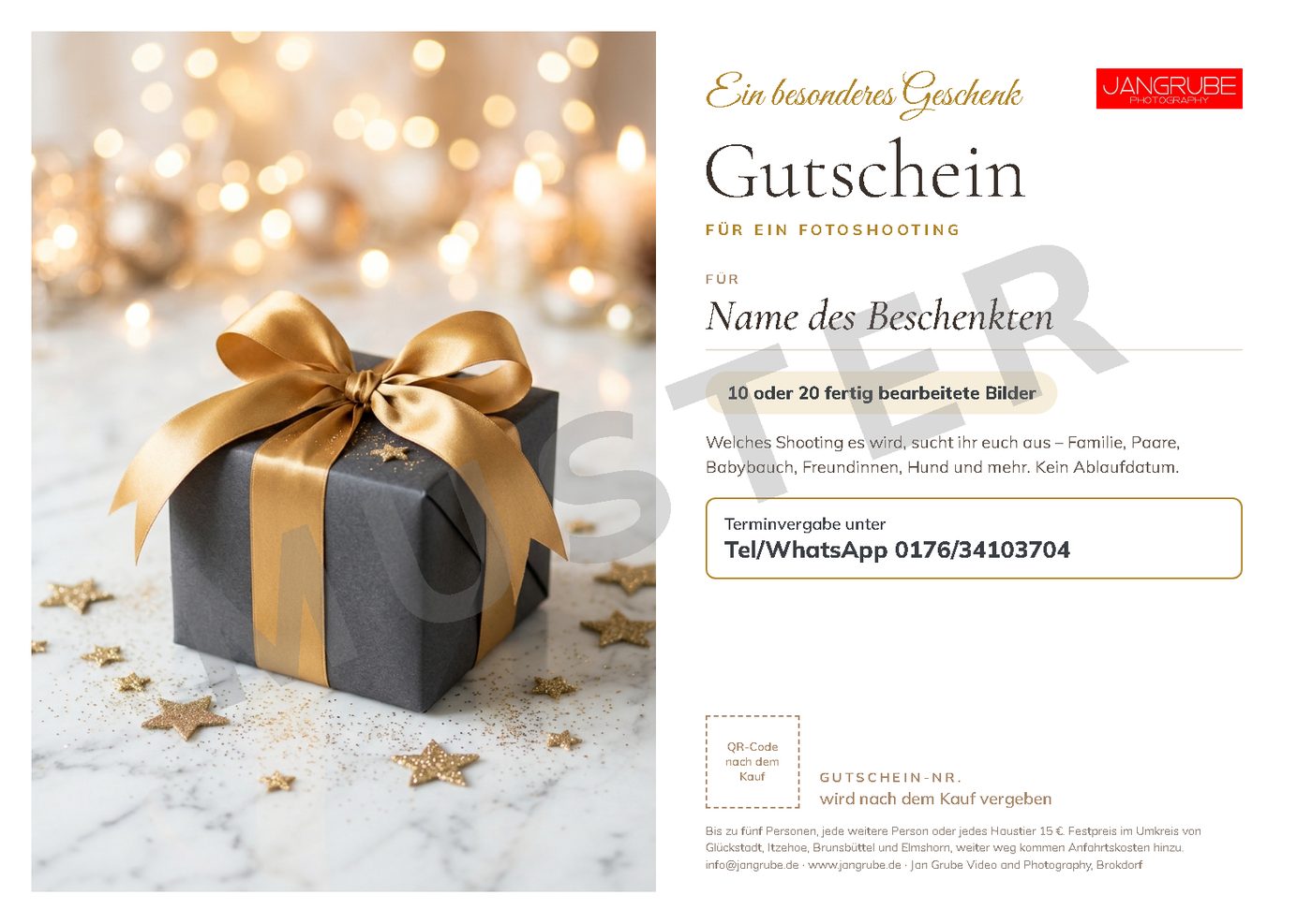 Fotoshooting-Gutschein zum Ausdrucken, Motiv 3: Geschenk Gold-Anthrazit (Edel)