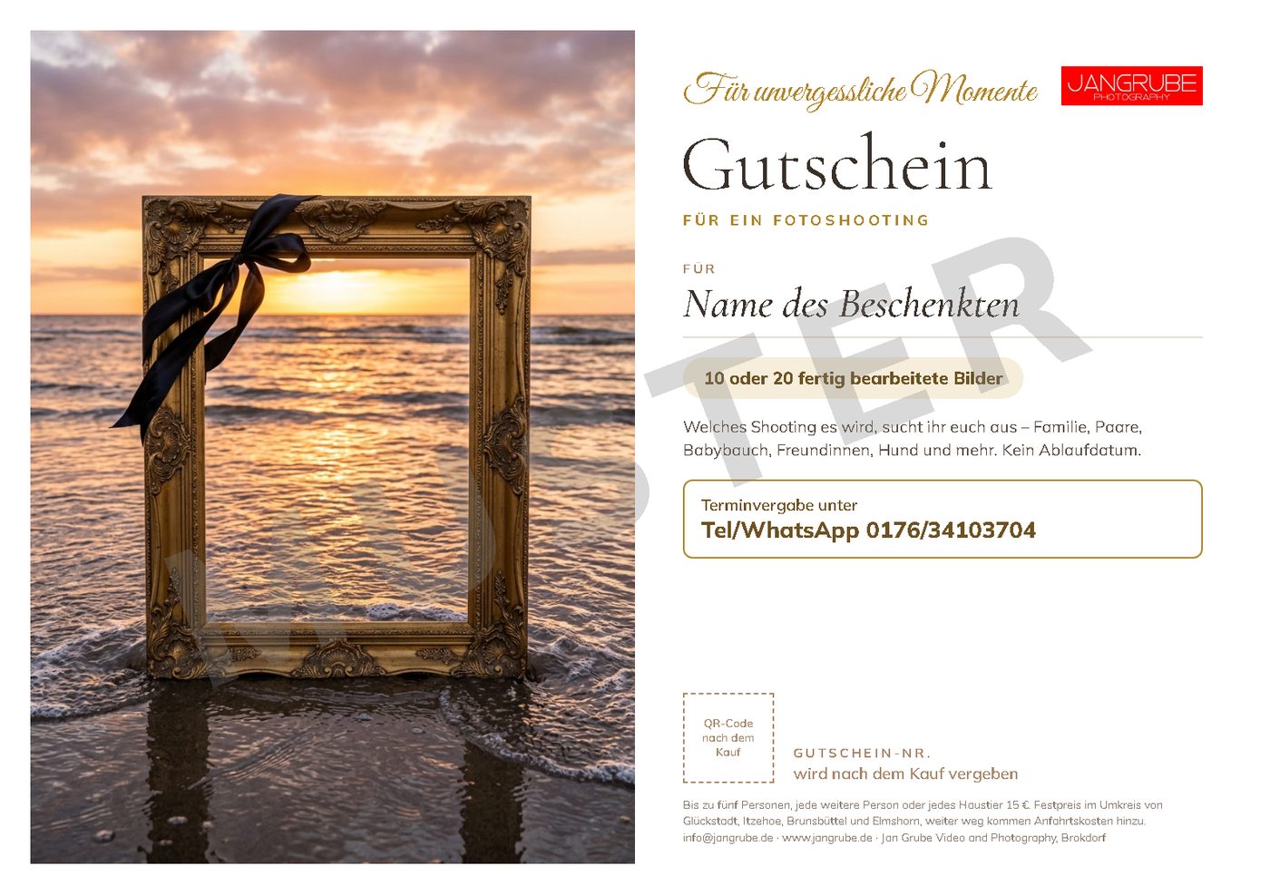Fotoshooting-Gutschein zum Ausdrucken, Motiv 4: Goldrahmen am Meer