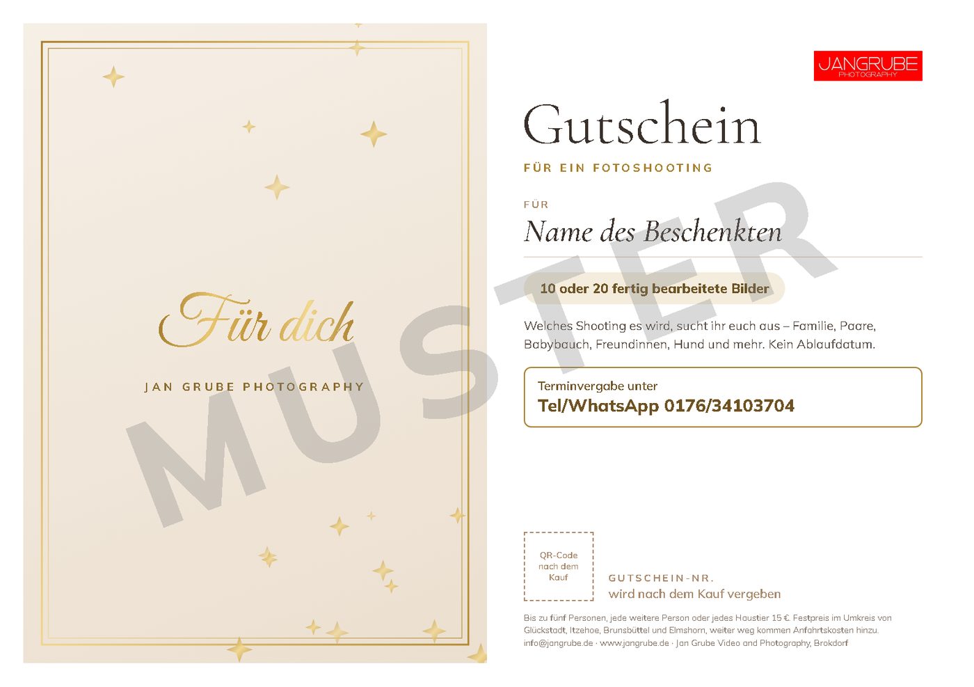 Fotoshooting-Gutschein zum Ausdrucken, Motiv 7: Schlicht Sand & Gold (Schlicht)