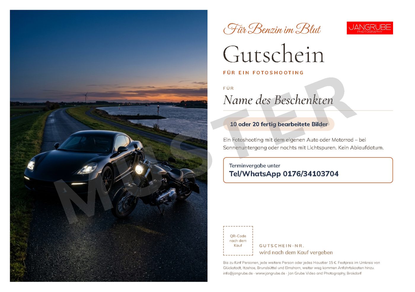 Fotoshooting-Gutschein zum Ausdrucken, Motiv 11: Auto & Motorrad (Für Benzin im Blut)